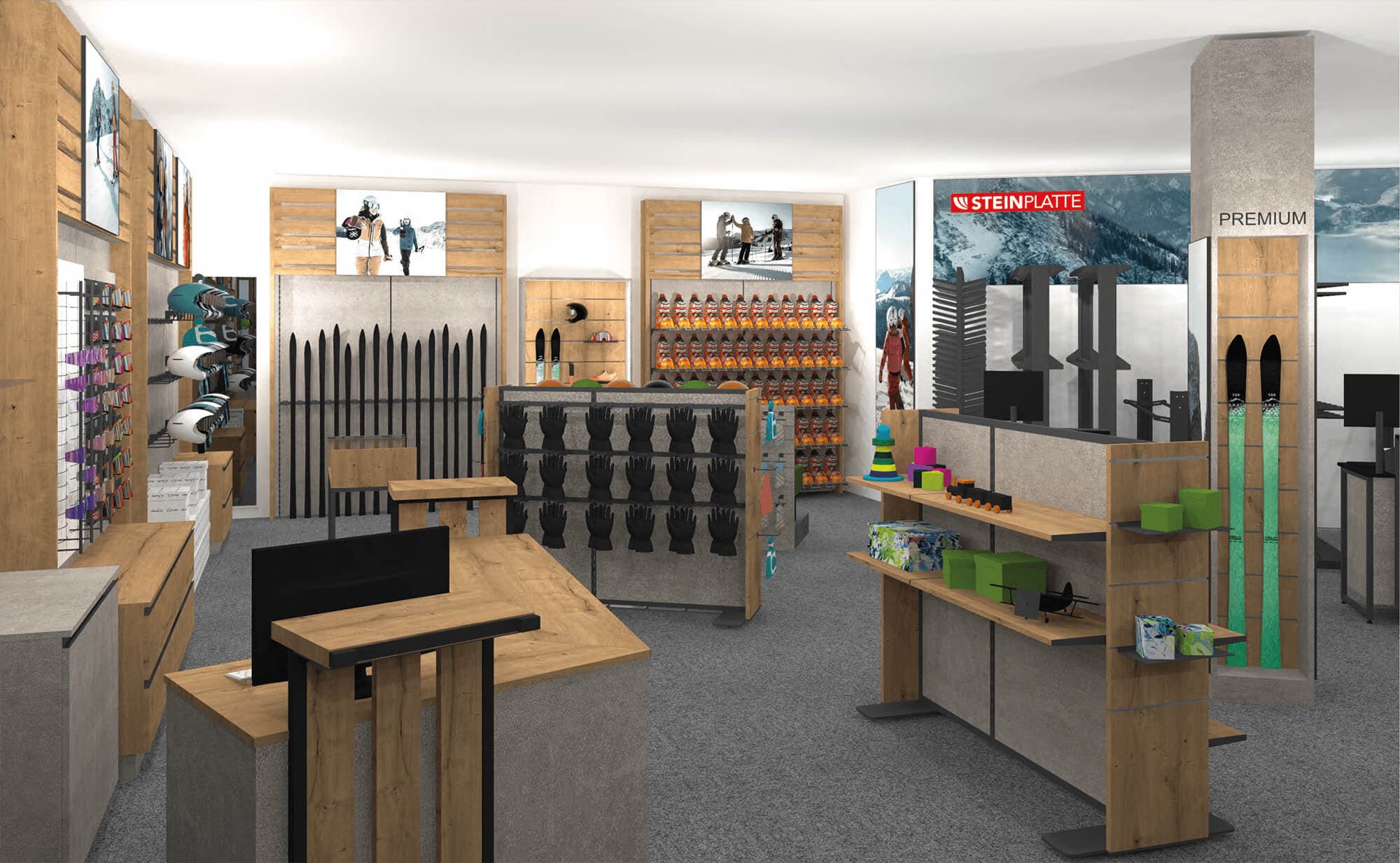 Rendering von einem Sportgeschäft mit heller Betonplatte sowie warmer Holzplatte. Große Bilder an der Wand. Blick vomn Eingang in der Raum. Umgesetzt von Leva Ladenbau für Mader an der Steinplatte.